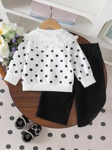 2pcs Baby Girl Cute Peter Pan Collar Polka Dot Long Sleeve Sweatshirt & Wide Leg Pants Set, Thin For Spring/Autumn - Black and White - View 2