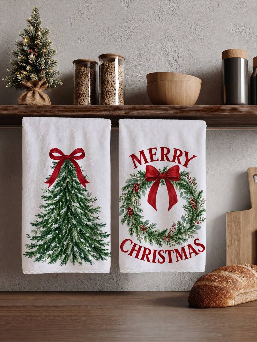 2pcs Watercolor Green Christmas Tree & Red Bow Pattern Kitchen Towels, 40*60cm Soft Microfiber Tea Towels, Suitable For Home Kitchen Restaurant Outdoor Camping Tabletop Cleaning Dish Cloth Hand Towel Accessories, Winter Christmas Theme Kitchen Linen Towels Holiday Gift - Multicolor - View 1