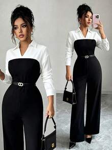 Fashionable Women's Woven Fabric Jumpsuit, Long Sleeve With Collar, Elegant Wide Leg Design, Suitable For All Seasons, No Belt - Black - View 5