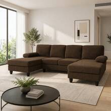 Nubby Upholstery  U-Shaped Sofa, Comfortable Dual Chaise Design With  Upholstered Armrests - Coffee + Wood+Fabric + 4 Seat + Foam - View 3