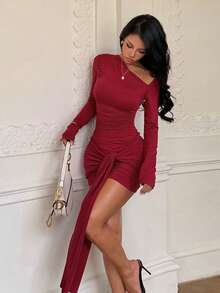 Women's Sexy Burgundy Irregular Neck Long‑Sleeve Sash Dress, For Date Night, Party, Wedding, Birthday, Holiday, Fall, Winter, Halloween, Christmas - Burgundy - View 7