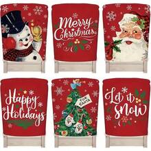 6pcs Vintage Christmas Chair Back Covers, Assorted Snowman Santa Xmas Tree Letter Print Stretch Chair Slipcovers, Removable Washable Xmas Dining Chair Back Protector, Holiday Dining Room Decor - Red - View 1