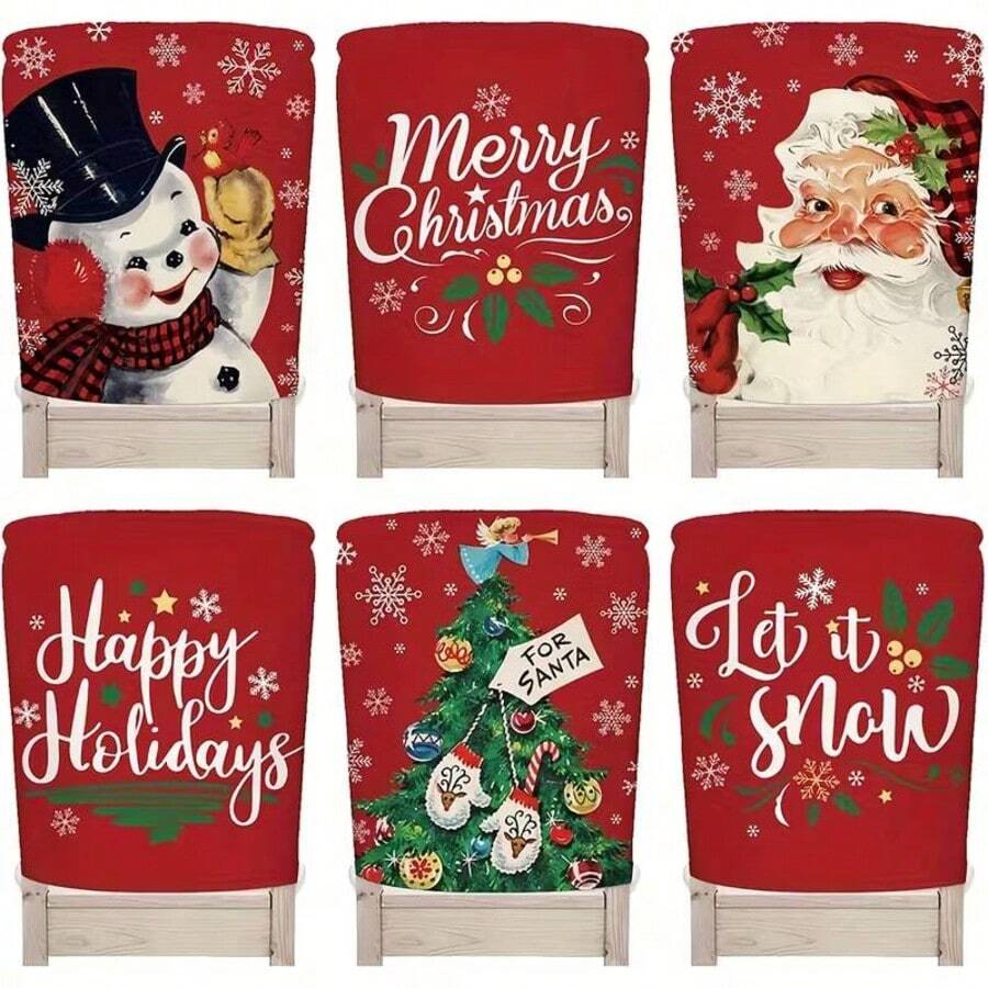 6pcs Vintage Christmas Chair Back Covers, Assorted Snowman Santa Xmas Tree Letter Print Stretch Chair Slipcovers, Removable Washable Xmas Dining Chair Back Protector, Holiday Dining Room Decor - Red - View 1