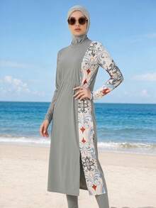 Women's Conservative High Neck Burkini Swimwear, High Elasticity Fabric For Wear Vacation Summer Beach - Grey - View 3