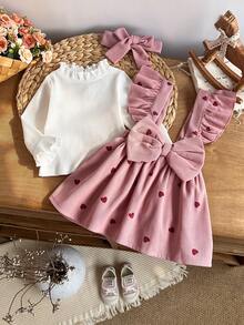 2pcs Baby Girl Cute Small Stand Collar Long Sleeve Ribbed Top & Heart Print Corduroy Dress Set, Thin Spring/Autumn - White - View 3