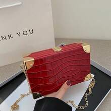 Crocodile Embossed Metal Corner Small Square Bag, Fashionable Women's Chain Crossbody Bag, Unique Solid Color Stone Texture Clutch Bag, Can Fit Phone And Coin Purse - A - View 13