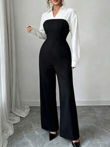Fashionable Women's Woven Fabric Jumpsuit, Long Sleeve With Collar, Elegant Wide Leg Design, Suitable For All Seasons, No Belt - Black - View 9