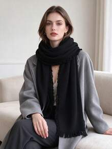 suzhichou 1Pc 100% Wool Ruffled Fringe Scarf, Elegant Wood Ear Edge Aesthetic Shawl Wrap, Lightweight Soft Long Neck Scarf, Women Fall Winter Decorative - Black - View 7