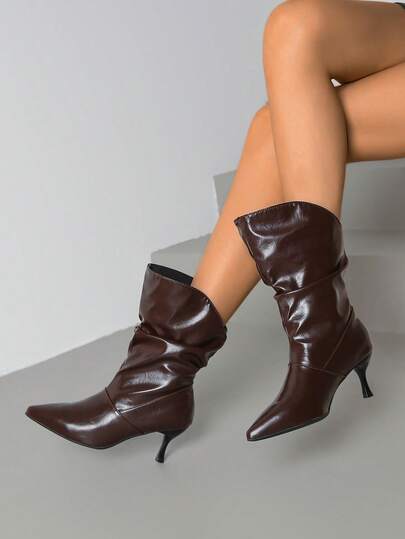 Women's Vintage Ruched Pointed Toe Kitten Heel Glossy Mid-Calf Boots For Party And Daily Wear