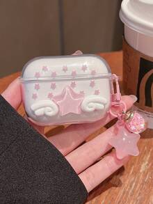 1pc Pink Star Angel Wings Compatible With Airpods Protective Case, With Star Pendant, Compatible With Apple 1/2/3/4/5/Pro 1/2/3, Girly Style Earphone Case Gift Anti-Scratch Anti-Dust - Case + Pink Star Charm - View 3