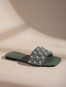 Women's Pearl & Rhinestone Square Toe Slide Sandals, Glitter Single Strap Flat Sandals, Suitable For Vacation & Party - Army Green - View 7