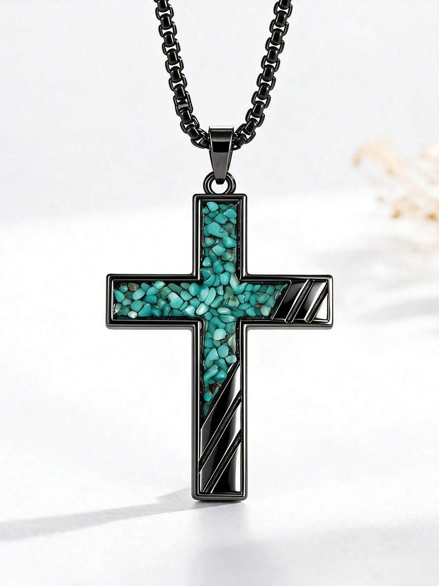 1pc Minimalist Knife-Pattern Ice Blue Rhinestone Cross Chain Fashion Alloy Multi-Color Men's Necklace Suitable For Daily Wear - One Size Fits All - View 1