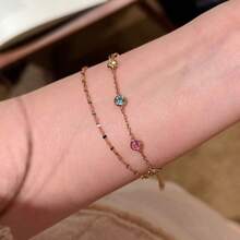 falinne Solid 925 Sterling Silver Double Strand Bracelet,Bezel Set Multicolor Crystal Chain, Sparkly Thin Chain Stackable Wrist Accessory, Daily Wear Bracelet - Dopamine Color Bubble Double-layer Bracelet - View 3