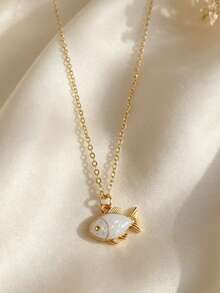 1pc Vintage Elegant Small Fish Design White Enamel Shell Pearl Fashion Pendant Necklace, Suitable For Women's Daily, Party, Travel Jewelry Gift - Yellow Gold - View 3