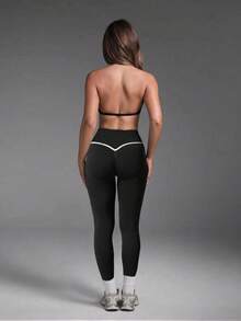 Women's Seamless Ribbed High Waist Yoga Pants, White Contrast V-Line Tummy Control Butt Lift Flare Leg Fitness Leggings - Black and White - View 5