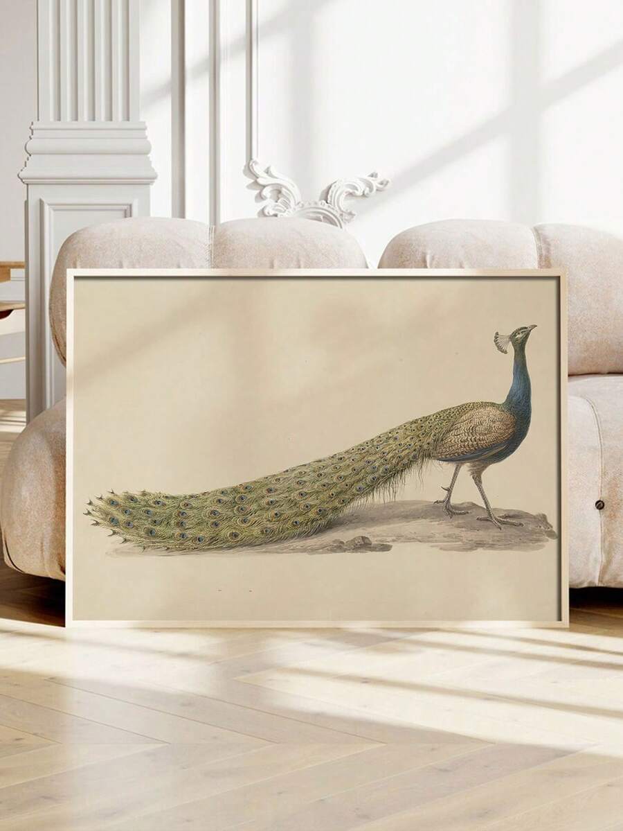 1pc Vintage Peacock Canvas Painting, Modern Farmhouse Style Wall Decor, Neutral Minimalist Bird Artwork, Suitable For Office, Living Room, Home, Unframed - Multicolor - View 1