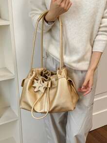 Women Vintage Soft PU Leather Drawstring Bucket Bag Star Charm Pendant Shoulder Bag Large Capacity Hobo Handbag Suitable For Daily Used Office - Gold - View 5
