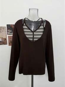 Korean Style Casual Striped Camisole Top With V-Neck Long Sleeve Blouse, Slimming Curved Hem 2 Pieces Set - Brown - View 6