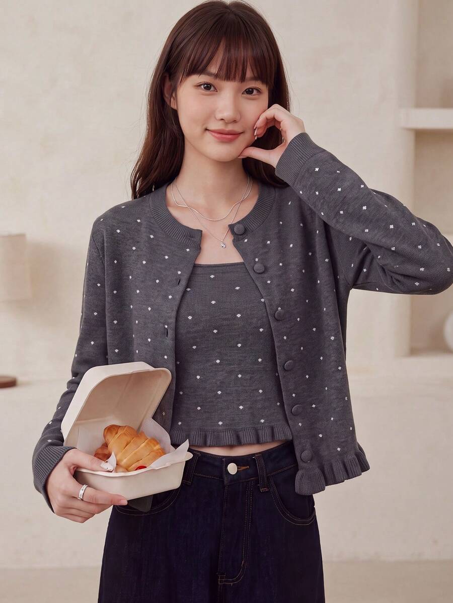 Women's New Vintage Grey Polka Dot Round Neck Button Cardigan, Ruffle Hem Long Sleeve Knit Sweater, Winter Fashion Choice - Grey - View 1
