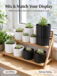 Vertical Stripe Plastic Flower Pot, Fresh Solid Color Succulent And Green Plant Planting Pot, Suitable For Balcony, Windowsill, Indoor Desk, Living Room Shelf Placement. Can Be Filled With Nutrient Soil To Plant Succulents, Pothos, Herbs, Small Foliage Plants, Rounded Vertical Stripe Design Is Simple And Elegant, Lightweight And Durable, Breathable And Easy To Drain, Easy Daily Care And Watering, Black And White Color Scheme Versatile, Create A Green Plant Corner At Home, Decorate Indoor Space, Provide Suitable Planting Container For Green Plants - Flower Pot - View 2