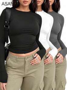 Plus Size Women's Long Sleeve Crew Neck Knit Slim Fit Medium Stretch Regular T-Shirt, Ideal For Daily Comfortable Wear And Layering. - Multicolor - View 4