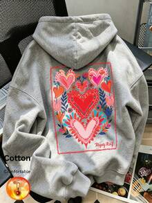 Women's Autumn/Winter Hooded Sweatshirt, Heart And Floral Print, Y2K Style - Floral Gray - View 2