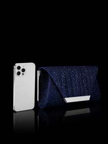 REMANLAND 3 Pieces Evening Jewelry Set, Luxury Pleated Evening Bag, Shiny Clutch Bag, Shoulder Bag, Paired With 2 Pieces Sparkling Rhinestone Pendant Set, Rhinestone Pendant Necklace, Earrings, Suitable For Parties, Gatherings, Evening Events, Balls, Weddings - Navy Blue - View 7
