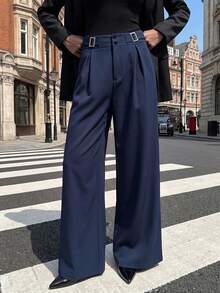 ShengNANANA Women's Autumn/Winter High-Waist Metal Buckle Detail Wide Leg Pants, Navy Blue Pleated Knit Slimming Elegant Suit Pants Suitable For Office And Daily Commute - Navy Blue - View 4
