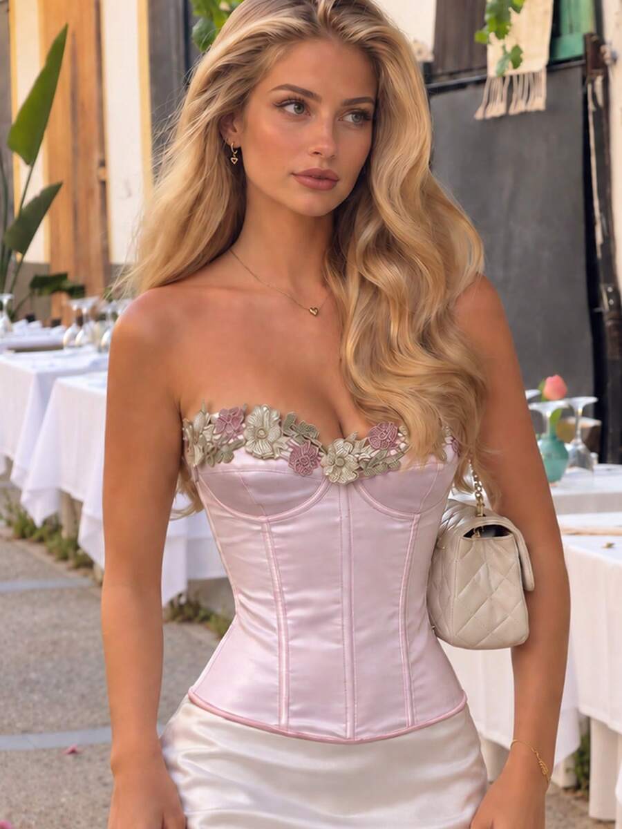 Yuwenier Pink Satin Strapless Corset Top With 3D Floral Applique Heart Neckline, Boning Waist Shaping, Wedding Party Set - Pink - View 1