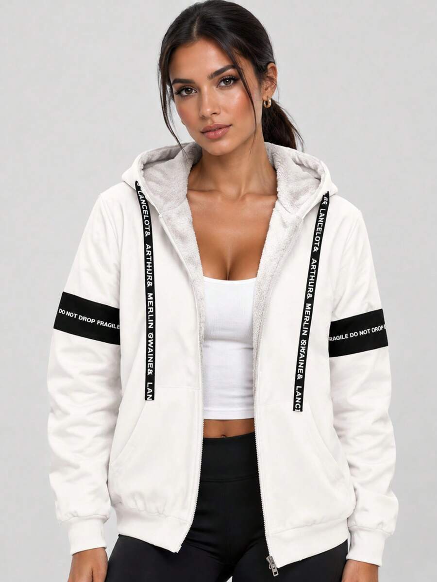 Women White Hooded Zip Up Fleece Lined Letter Tape Jacket - White - View 1