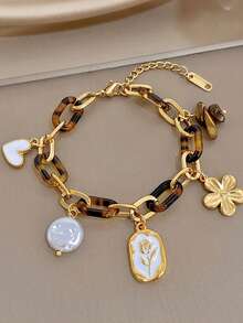 Bohemian Tortoise Shell Chain Gold Flower Pendant Women's Fashion Versatile Bracelet, Suitable For Daily, Casual, Travel Wear - Multicolor - View 6