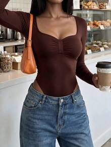 Women's Dark Brown Long Sleeve Bodysuit, Knitted Fabric Mid-Stretch Slim Fit One-Piece - Brown - View 3