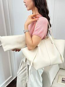 Dedoo 時尚大容量梯形包 設計師風格 優雅鎖扣女款單肩包 奢華PU皮革手提包 高級腋下包 - 米色 - 查看 6