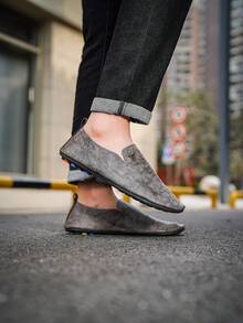 Men's Retro Slip-On Loafers, Gold Decor Soft Sole Flat Casual Shoes - Grey - View 4