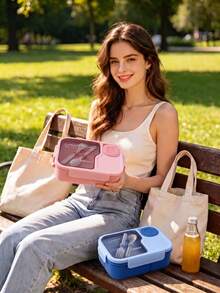 1pc Pink Lunch Box With Utensils, Bento Box With Spoon And Fork, Microwave , Insulated Lunch Bag, 3-Compartment Food Storage Container Set, Suitable For Christmas Gift, Student Back To School, Birthday Gift, Holiday Gift - View 7