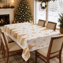 1pc Winter Christmas Minimalist Gold Christmas Tree & Snowflake Pattern Tablecloth, Stain-Resistant Dining Table Decor Cloth, Suitable For Kitchen, Dining Table, Coffee Table, TV Cabinet, Entryway, Party Holiday Decoration, Home Decor, Christmas Gathering - Multicolor - View 8