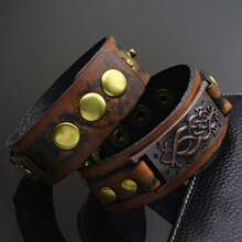 2pcs/Set Vintage Copper Color Pattern PU Leather Bracelets Suitable For Men's Daily Wear - Leather Bracelet - View 5