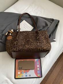 Tas Tote Suede Motif Leopard Wanita, Tas Bahu Besar, Gaya Vintage Bohemian, Cocok untuk Kerja, Perjalanan, dan Perjalanan Sehari-hari (Tanpa Liontin) - Coklat - View 10