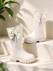1 Pair Girls' White Mid-Calf Princess Boots, Bow, Rhinestone Chain Decoration, Faux Leather, Rubber Sole, Round Toe Anti-Slip, Autumn/Winter Style - White - View 7