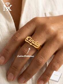 Copper Customized Cursive Name Ring, Personalized Handwritten Name Ring, Heart Design, Suitable For Women, Can Be Used As Birthday, Daily Or Holiday Gift - Yellow Gold - View 2