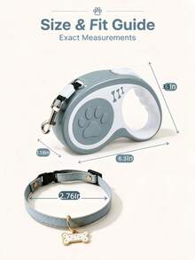 1pc Grey‑White Paw Bone Embossed Retractable Leash & Light Blue Denim Bell Bone Tag Pet Collar, Wear‑Resistant Pet Walking Set For Daily Pet Outdoor Activities - Multicolor - View 2