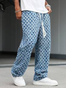Plaid Frayed Patchwork Straight Leg Jeans, Elastic Waist Drawstring Straight Leg Jeans, Street Fashion Style Frayed Denim Jeans, All-Season Wearable Denim Pants - Blue - View 6