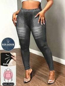 Plus Size Faux Denim Jeggings | High Waisted Stretchy Tummy Control Skinny Pants Compatible With Apple Shape & Curvy Women | Fall Daily Wear & Work Outfits - Multicolor - View 1