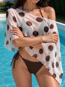 HOTTIE HABIT Women White Brown Polka Dot Beach Cover Up, Asymmetrical Draped Off Shoulder Swim Shawl, Lightweight Flowy Mesh Wrap For Beach Holiday - Multicolor - View 3