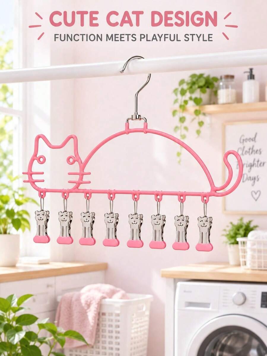 1pc Sock Drying Rack (With 8 Clips, Rotatable, Windproof, Anti-Slip), Suitable For Balcony, Laundry Room And Bedroom Closet Storage, Ideal For Housewives And Home Storage Enthusiasts; Cute Cat-Shaped Underwear And Towel Drying Rack, Multi-Functional Space-Saving Drying Clip Rack, Essential Home Item For Summer Daily Use. - Multicolor - View 1
