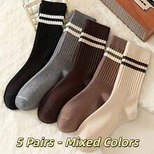 5/10 Pairs Ribbed Mid-Calf Socks, Classic Double Stripe Soft Breathable Socks, Neutral Color Casual Everyday Socks - Multicolor - View 9