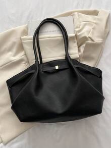 1件黑色PU托特包，附帶裝飾肩帶，大容量純色女款單肩包 - 黑色 - 查看 3