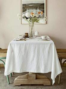 1pc New Classic Solid Color Crinkled Fabric Tablecloth, Suitable For Home Daily Decor And Holidays - White - View 1