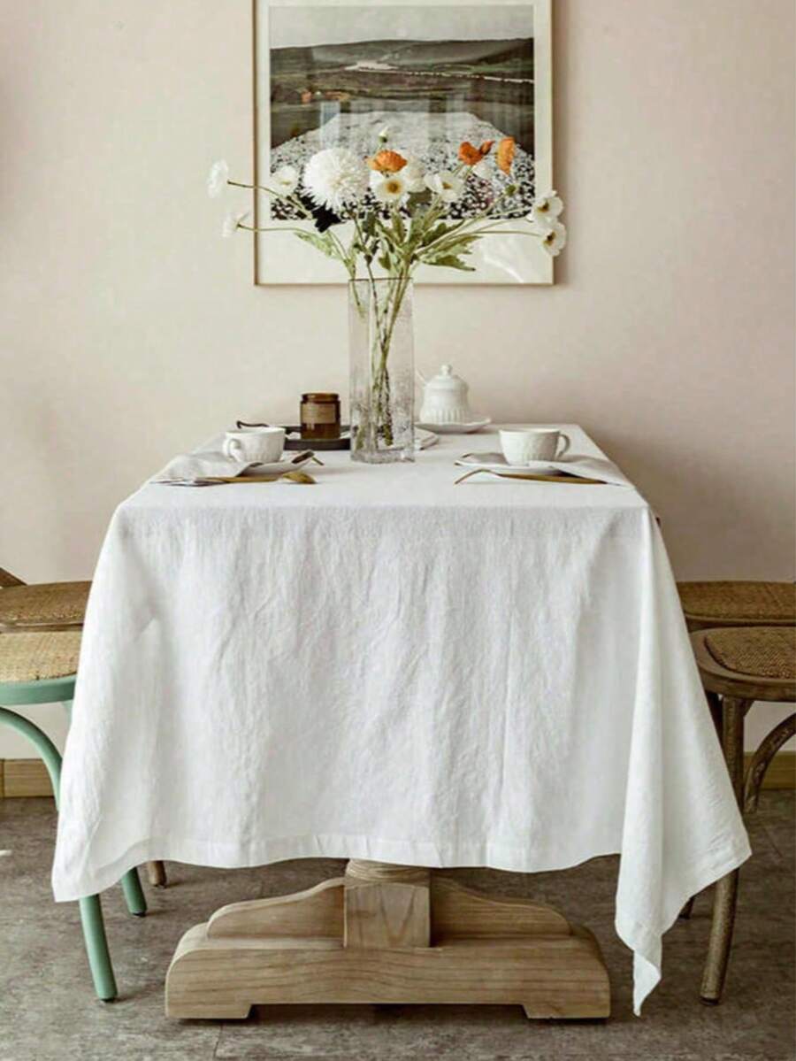 1pc New Classic Solid Color Crinkled Fabric Tablecloth, Suitable For Home Daily Decor And Holidays - White - View 1