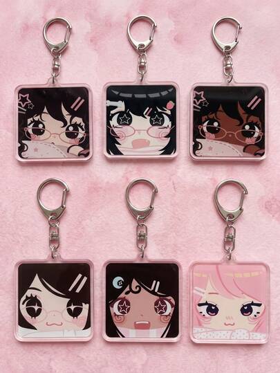 6pcs Cute Anime Chibi Character Big Eye Expression Theme Square Acrylic Keychains, Including Brown Hair Twin Ponytail Glasses Girl, Black Hair Strawberry Bandage Star Eyes, Dark Skin Glasses Big Eyes, Black Hair Star Eyes, Black Hair Moon Star Eyes And Pink Hair Sweet Big Eyes Design, Fashion Bag Pendant, Suitable For Anime Fan Gifts, Cute Collection, All Season